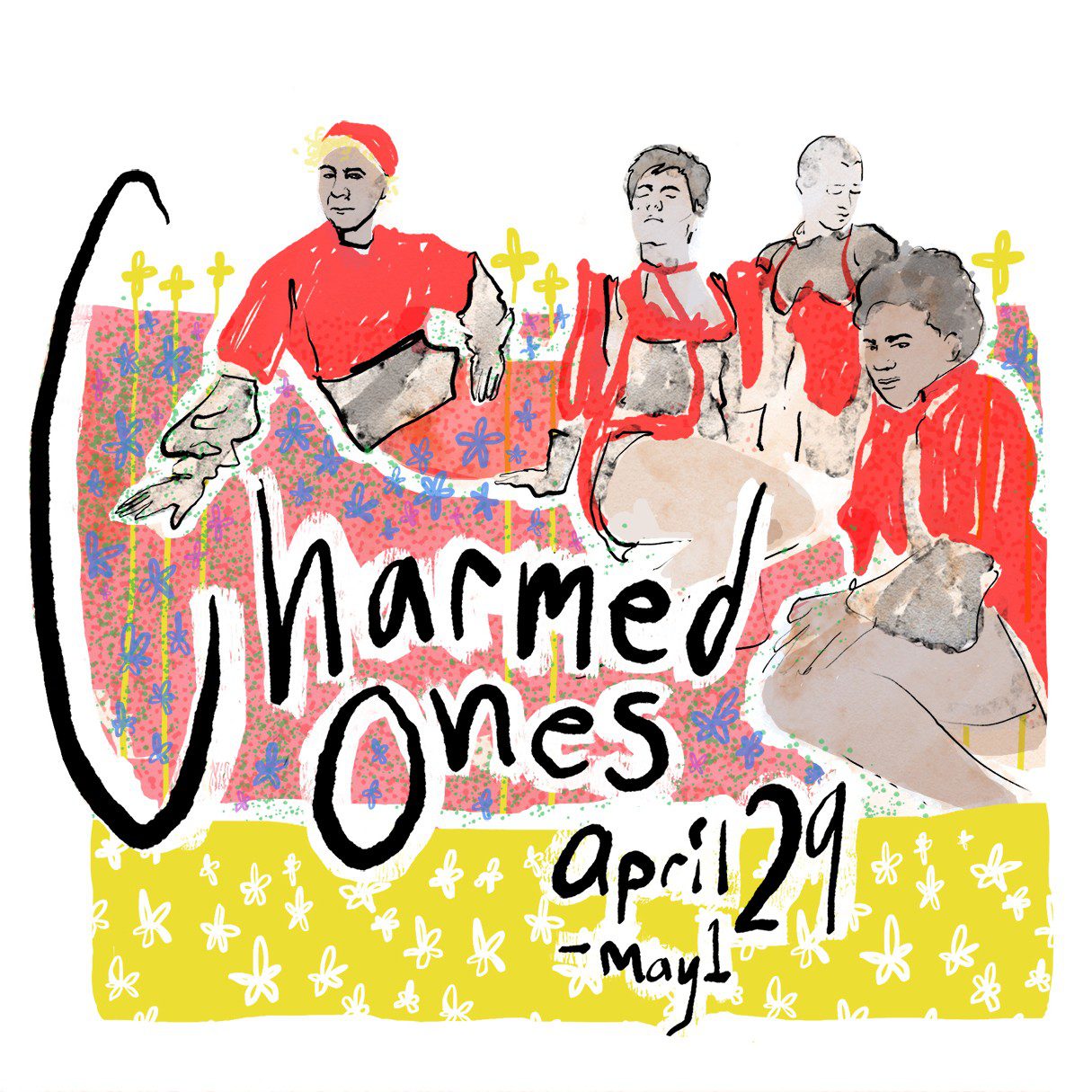Charmed Ones, April 29 through May 1 2021. Four illustrated versions of the Charmed Ones Ensemble lounge in a field of flowers.