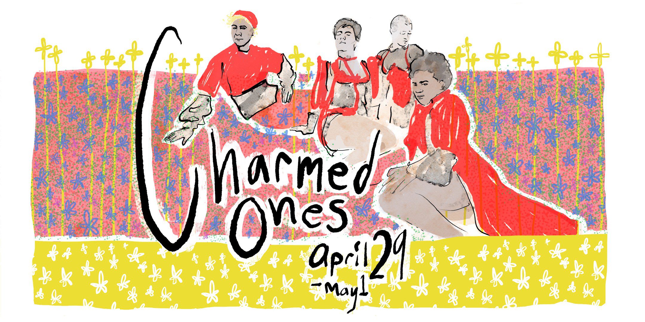 Charmed Ones, April 29 through May 1 2021. Four illustrated versions of the Charmed Ones Ensemble lounge in a field of flowers.