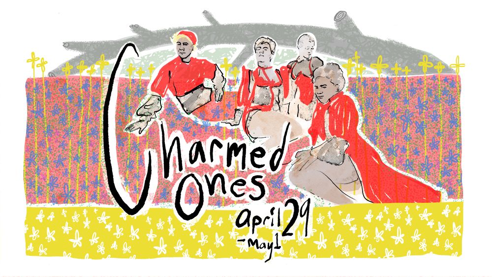 Charmed Ones, April 29 through May 1 2021. Four illustrated versions of the Charmed Ones Ensemble lounge in a field of flowers.