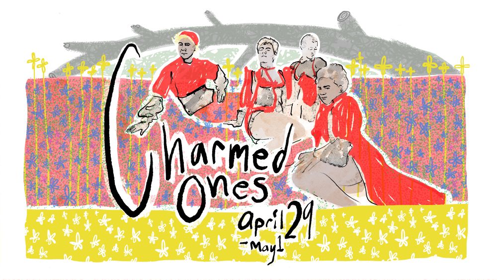 Charmed Ones, April 29 through May 1 2021. Four illustrated versions of the Charmed Ones Ensemble lounge in a field of flowers.