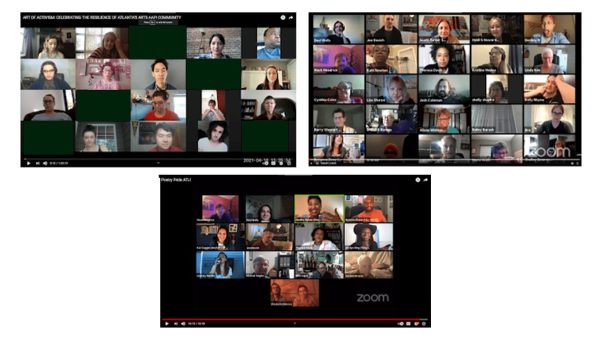 Image displays Zoom conversation screenshots with diverse groups. Image links to 7 Stages YouTube channel.