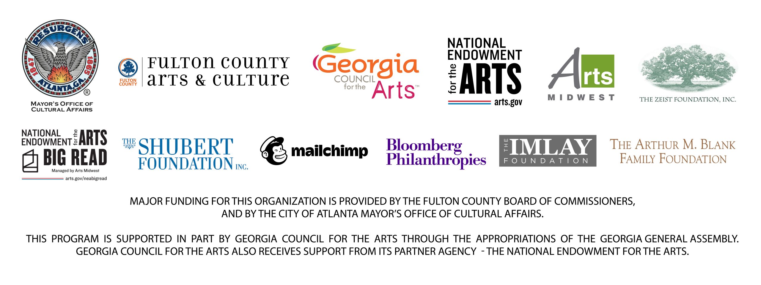 Sponsor logos are as follows: Atlanta Georgia Mayor's Office of Cultural Affairs, Fulton County Arts and Culture, Georgia Council for the Arts, National Endowment for the Arts, Arts Midwest, The Zeist Foundation Inc, N.E.A. Big Read, The Shubert Foundation, Mailchimp, Bloomberg Philanthropies, The Imlay Foundation, The Arthur M. Blank Family Foundation.